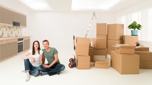 Office furniture and equipment prepared for a business move in Canary Wharf